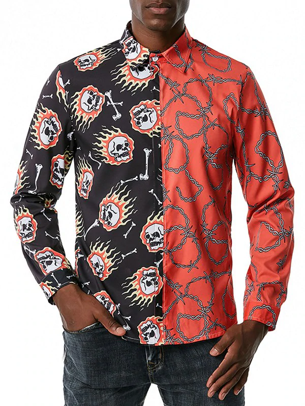 Contrast Skull Chain Print Leisure Long Sleeve Shirt